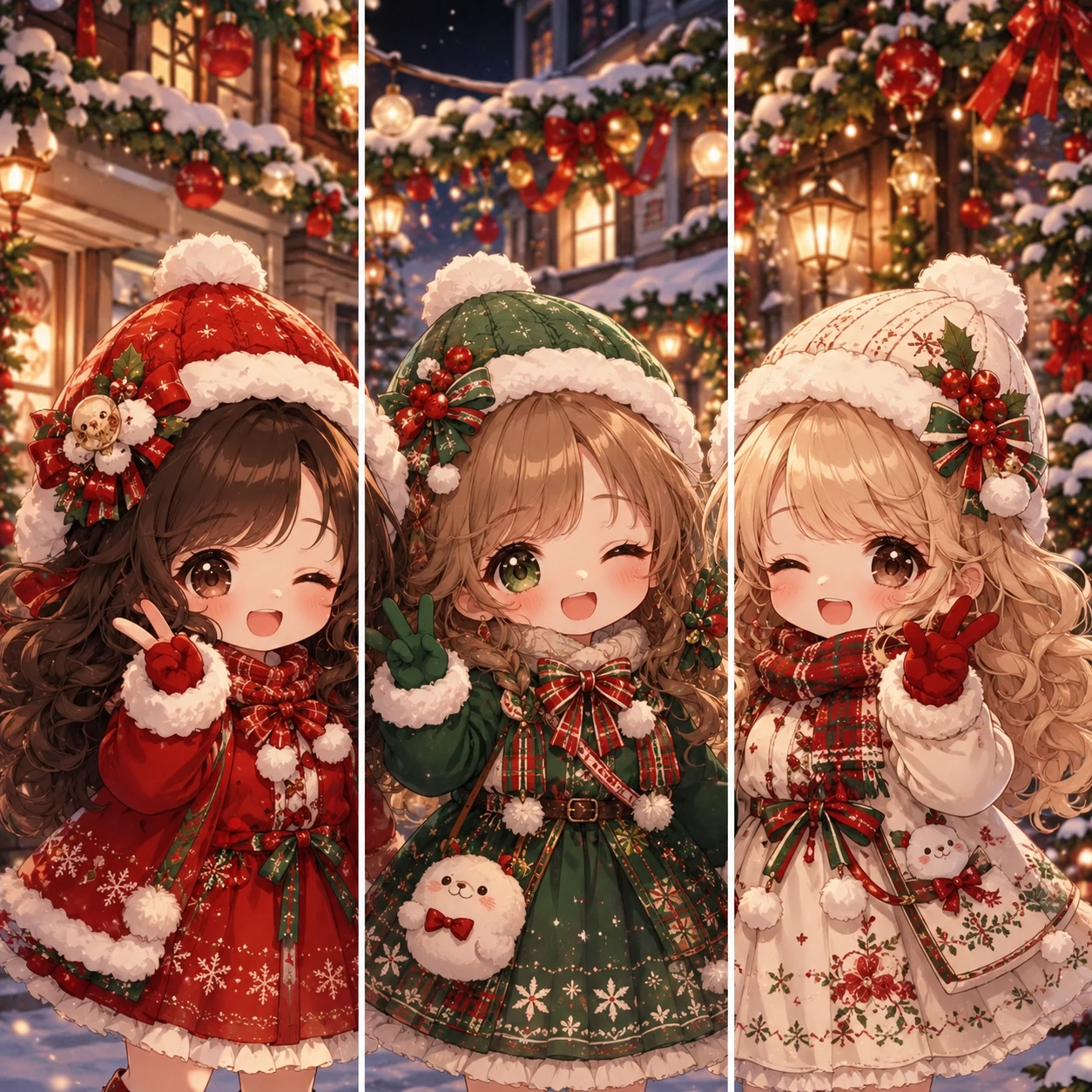 Matching Christmas PFP set for three friends showing three chibi girls in red green and white outfits