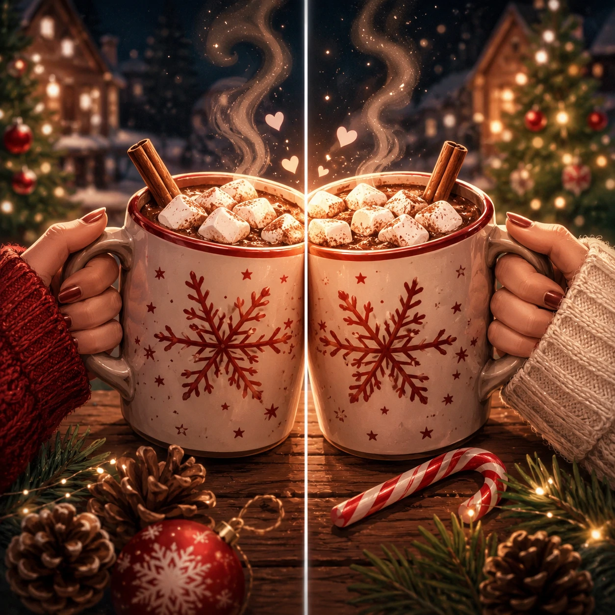 Matching Christmas PFP for friends showing two mugs clinking together across two profile pictures