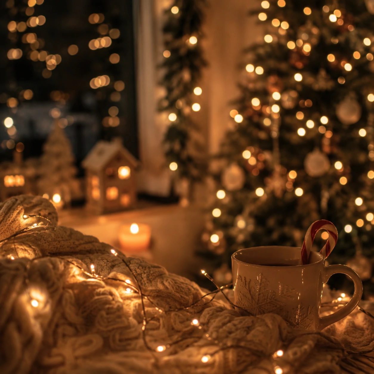 Soft aesthetic Christmas PFP with warm bokeh fairy lights and cream tones on a blurred background