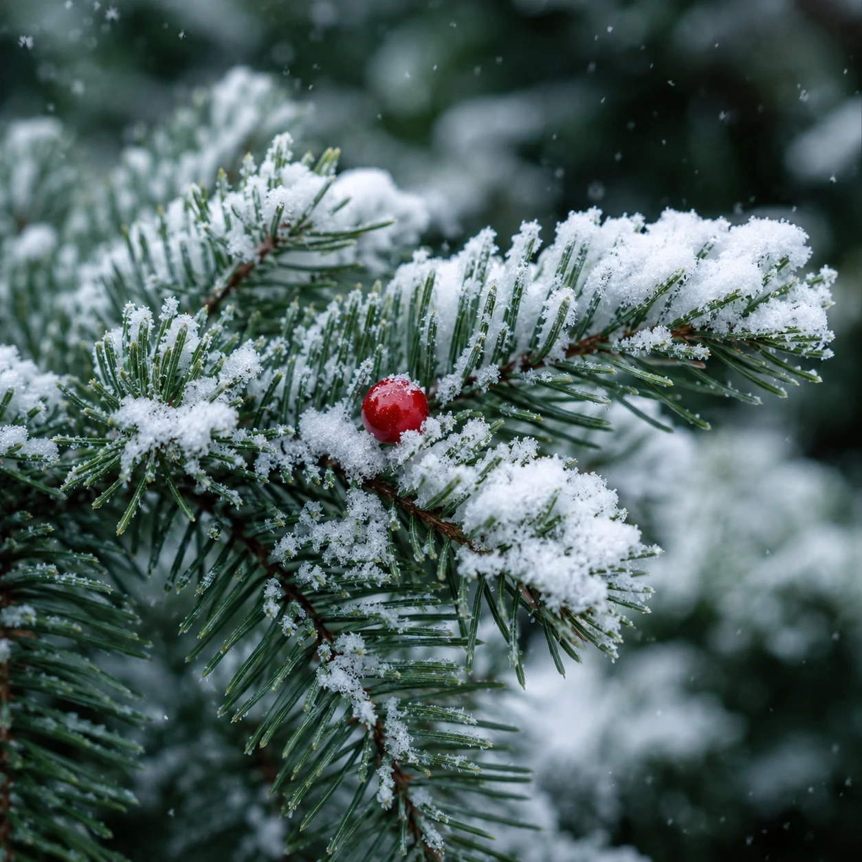 Aesthetic Christmas PFP featuring a snow-dusted pine branch with a tiny red berry accent