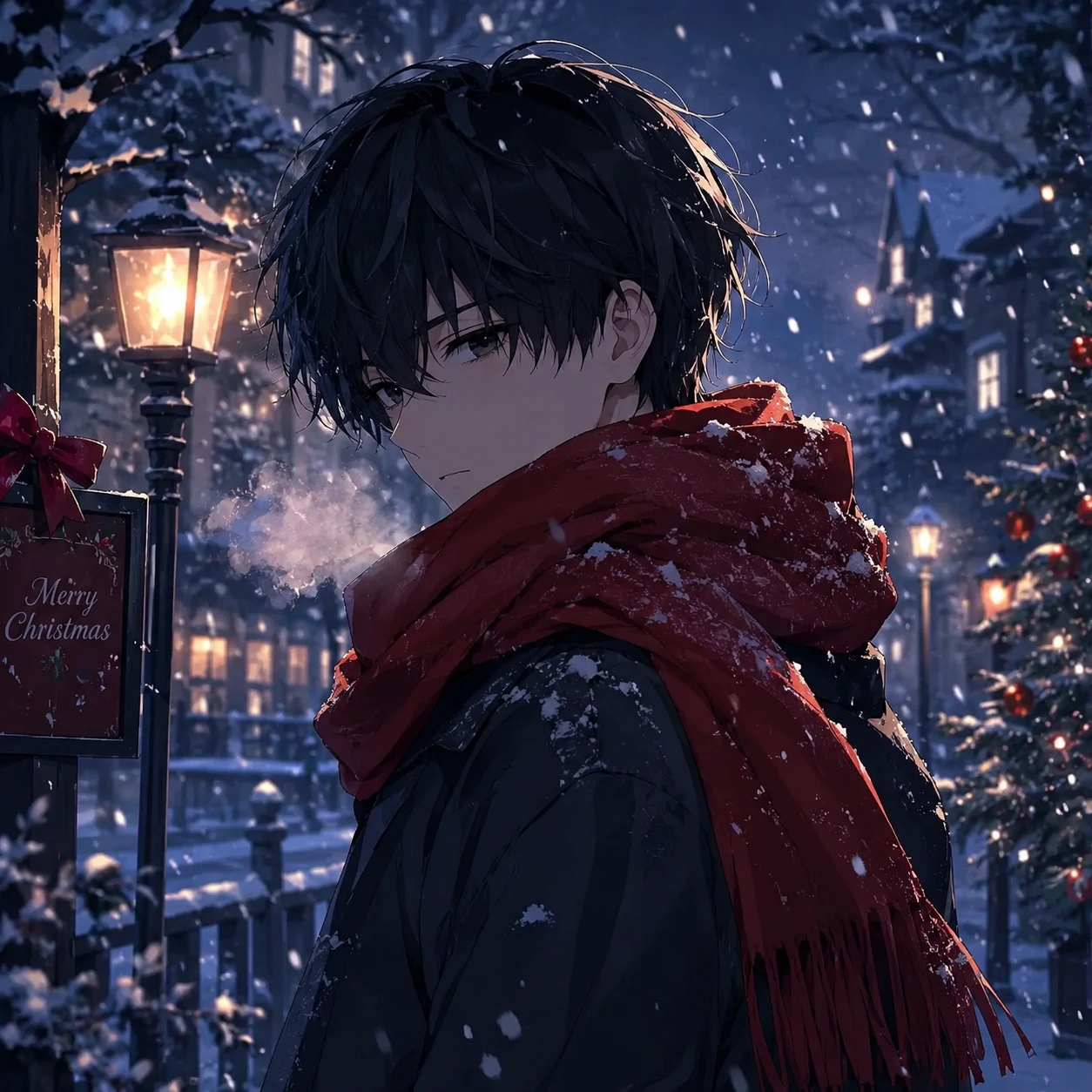 Christmas anime PFP of a boy with dark hair wrapped in a red scarf, snow falling around him