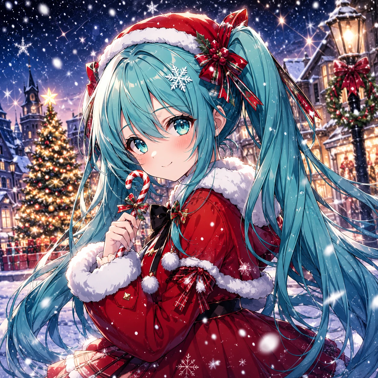 Christmas PFP anime of a Miku-style twin-tail girl in a red festive dress with snow around her