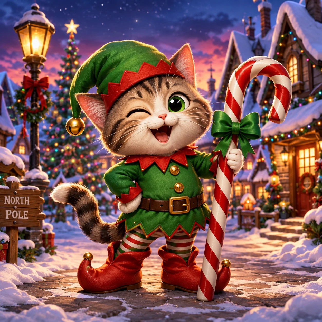 Cartoon Christmas PFP cat wearing an elf outfit with green hat, red boots and a striped candy cane