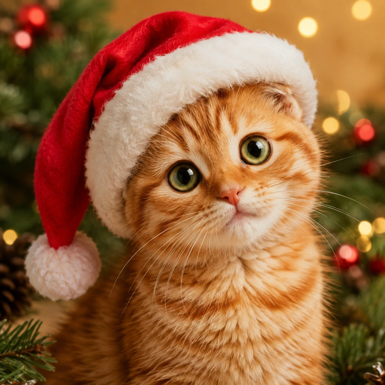 Christmas PFP cat of an orange tabby kitten wearing a felt Santa hat and looking curiously at the camera