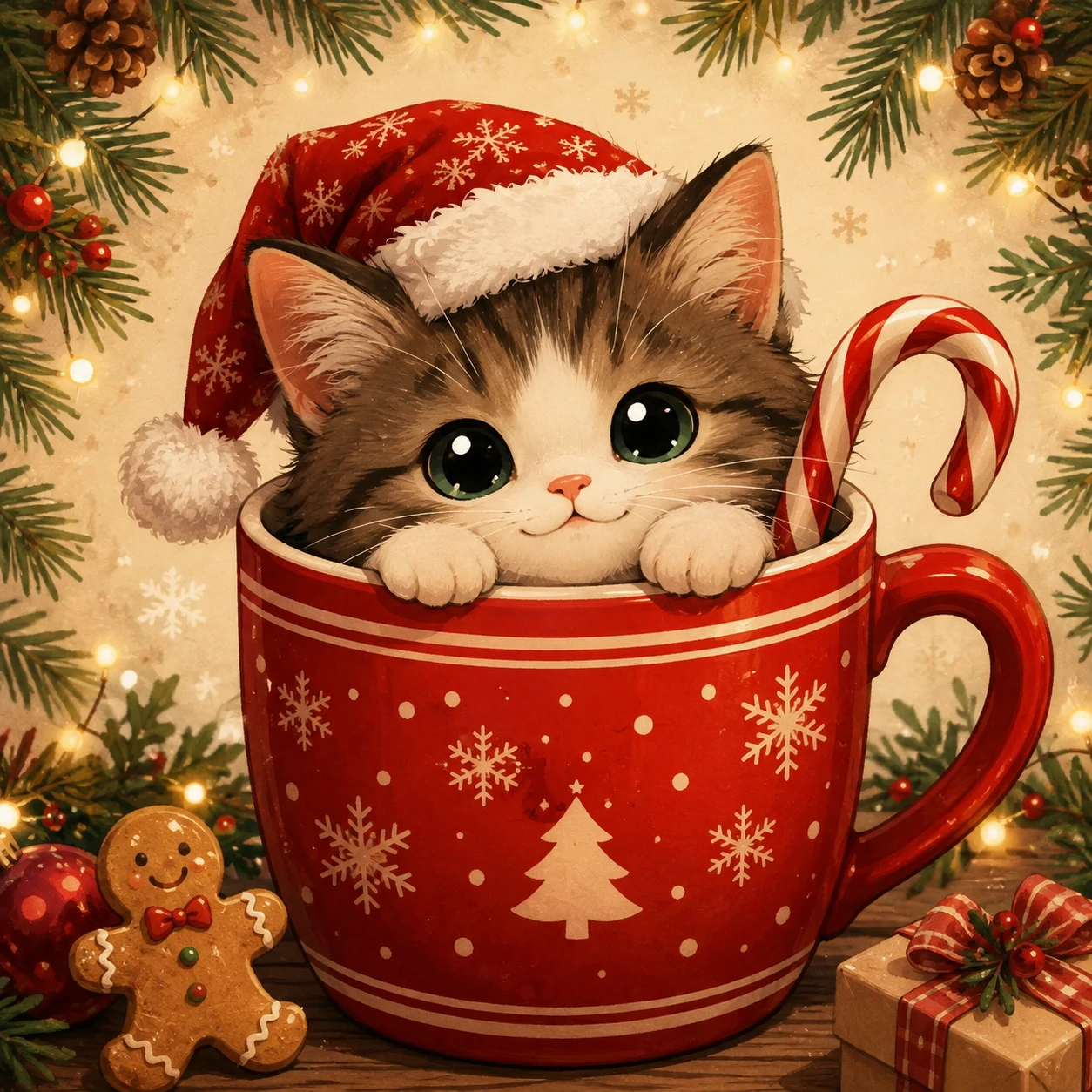 Christmas Discord PFP of a small cartoon cat peeking out of a red mug with a candy cane