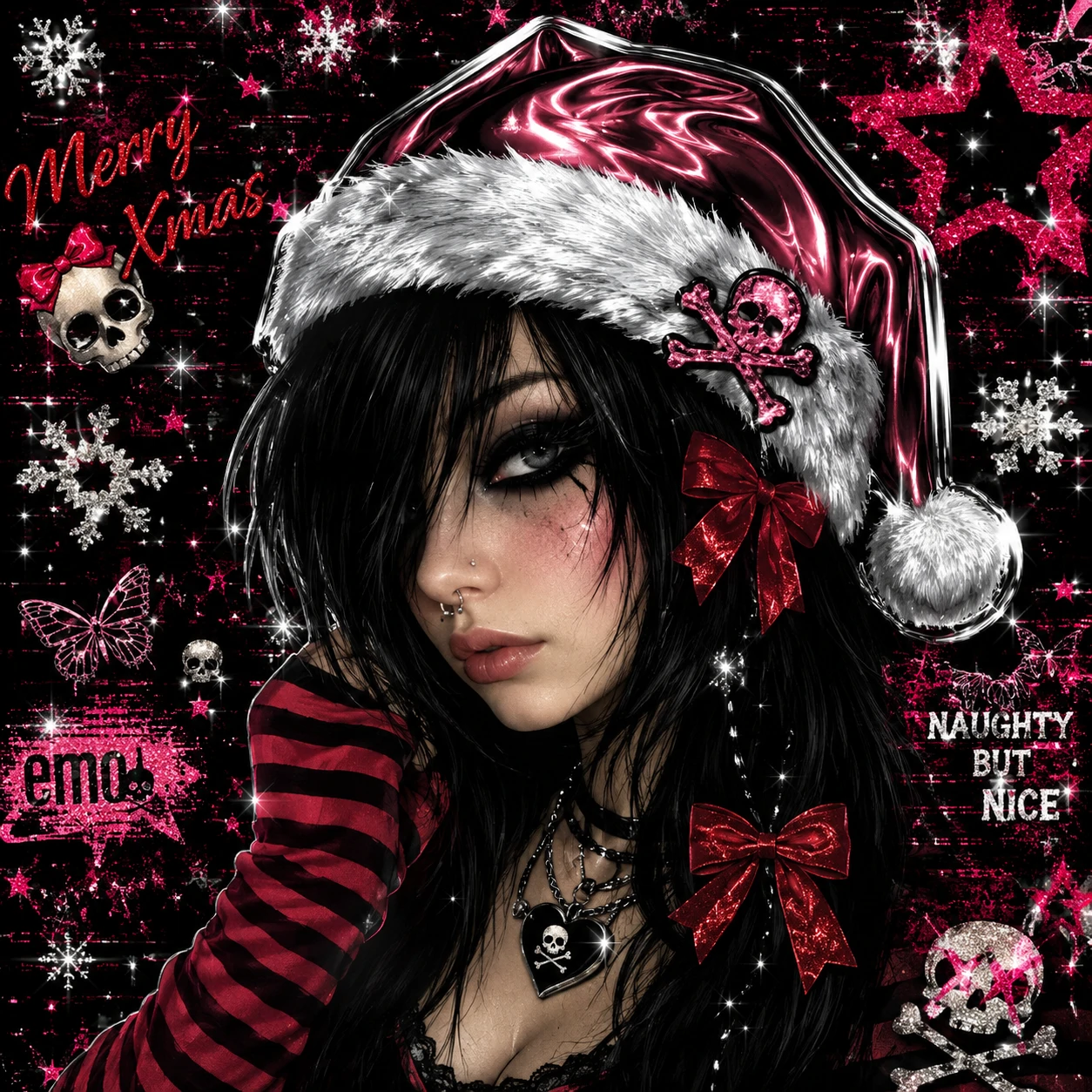 Y2K Christmas PFP with emo-style black hair, red bows and a chrome Santa hat sticker