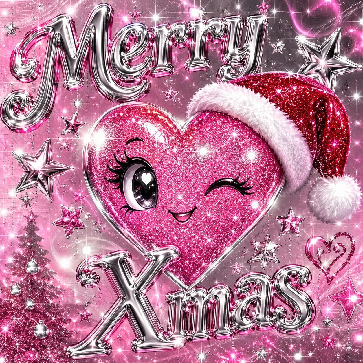 Y2K Christmas PFP with a glittery pink Santa heart, chrome text and sparkle overlay