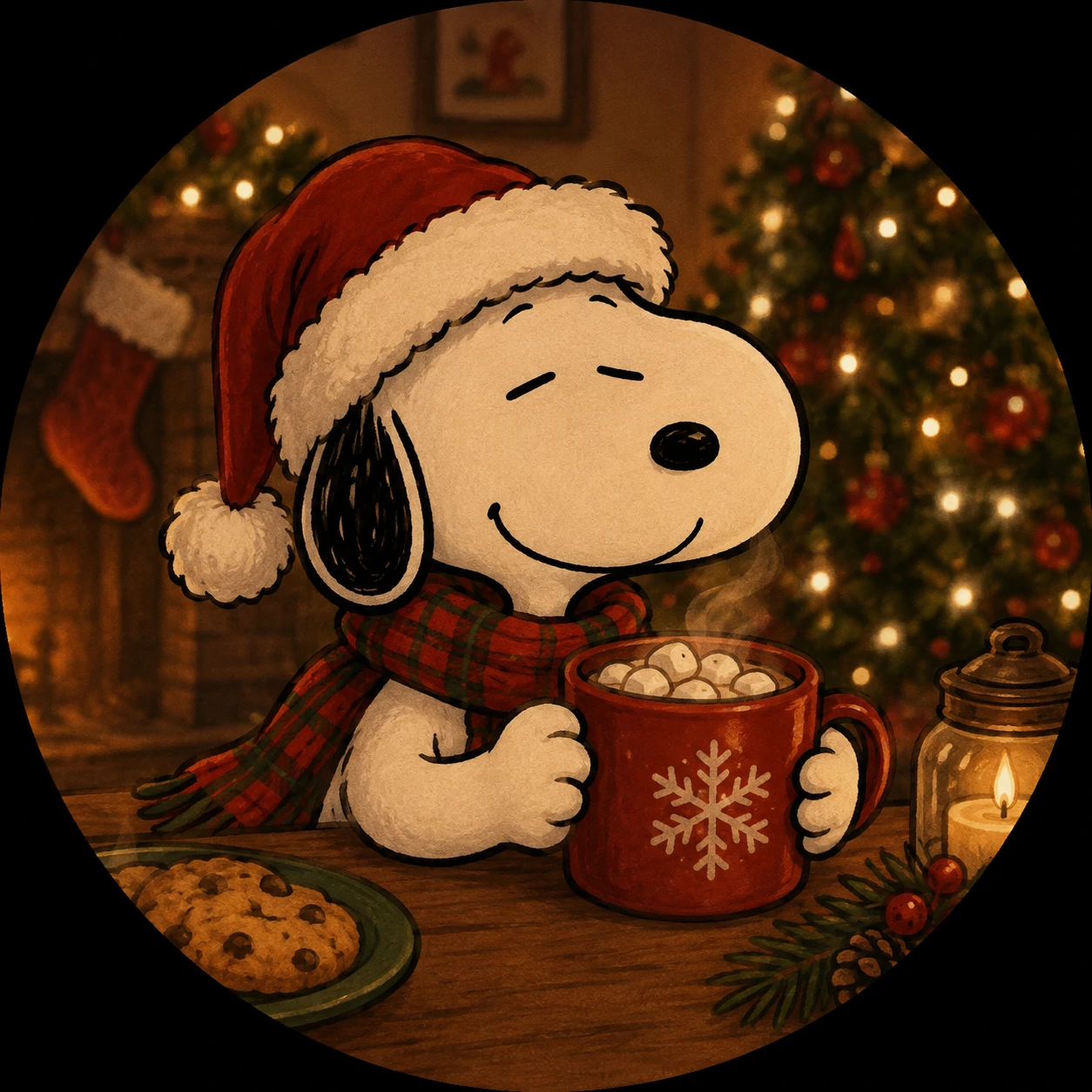 Snoopy with a cocoa mug in a warm Christmas profile picture