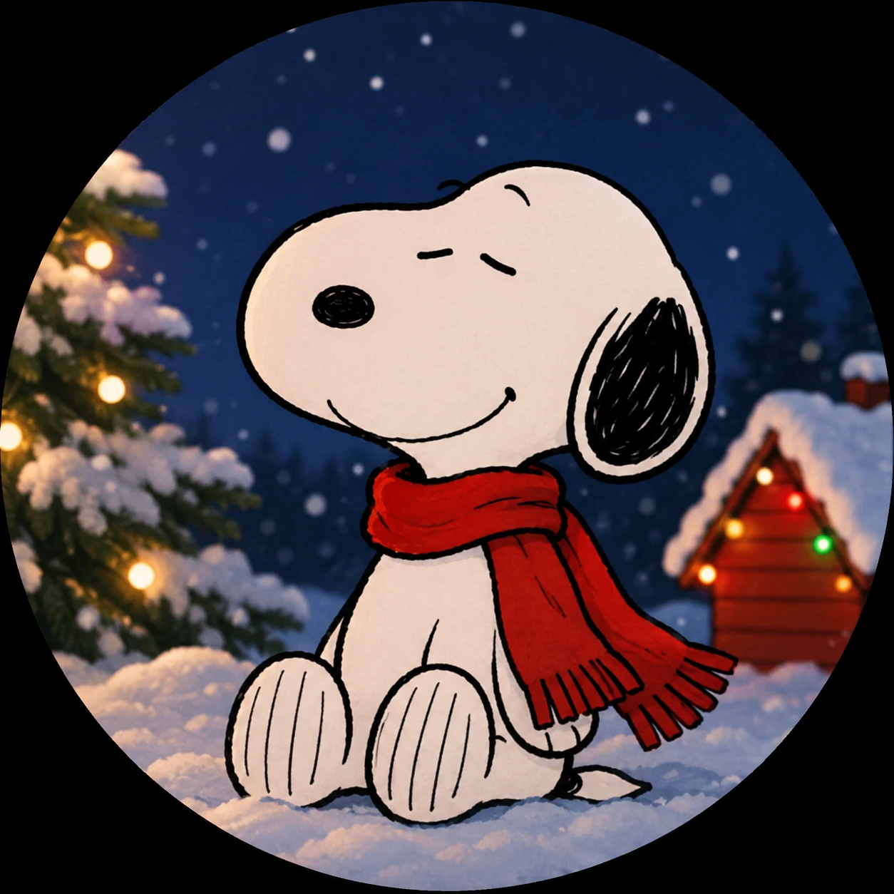 Snoopy wearing a red scarf in a cozy Christmas profile picture