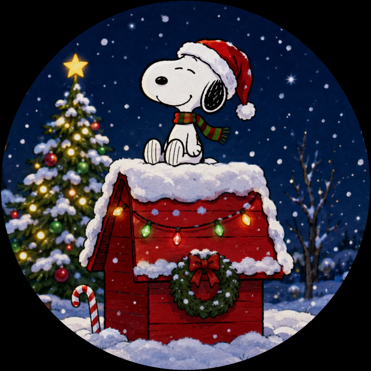 Snoopy on a snowy doghouse in a festive Christmas profile picture