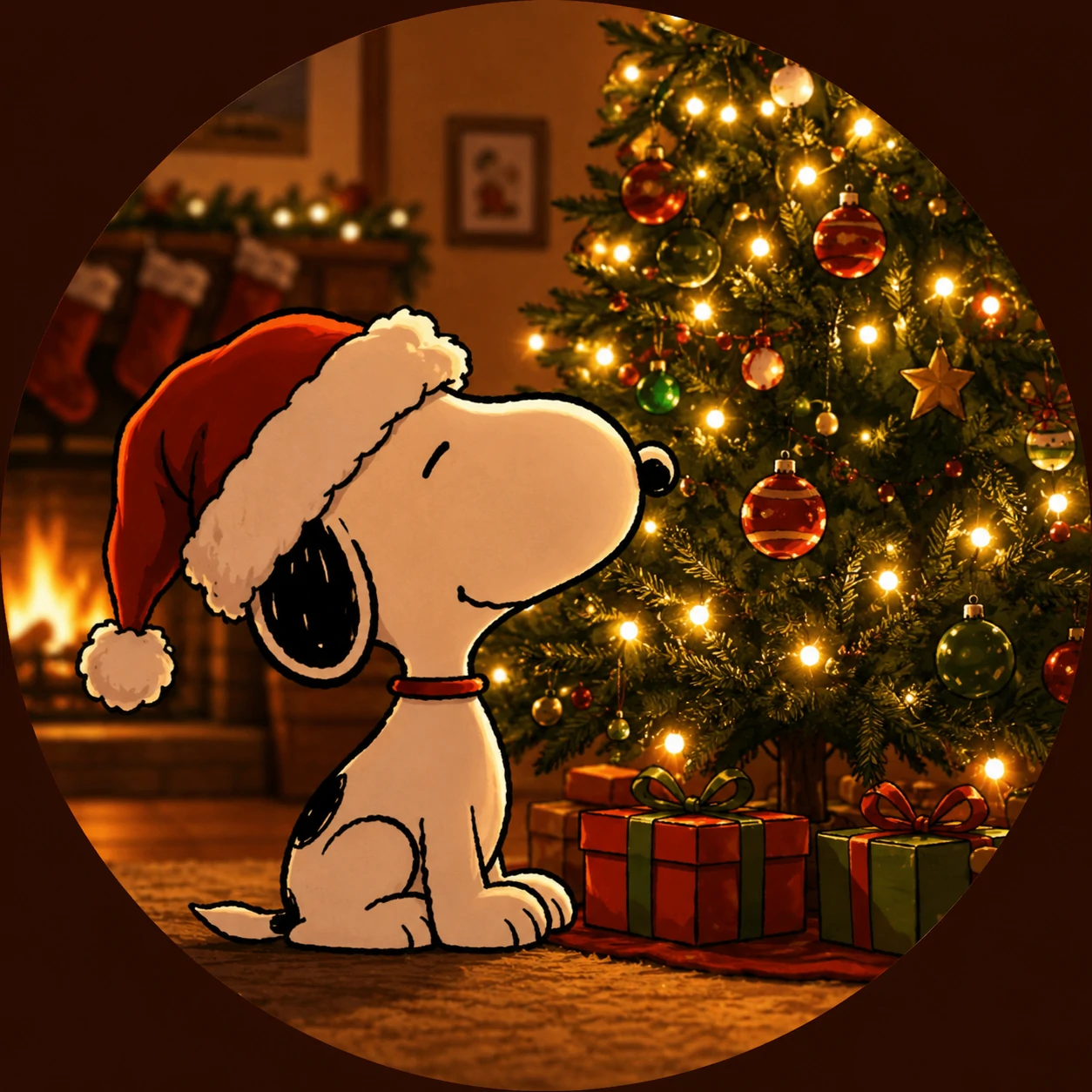 Snoopy beside glowing Christmas tree lights in a holiday profile picture