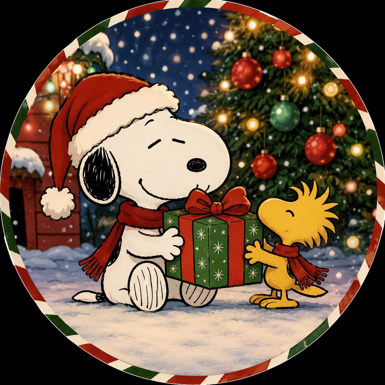 Snoopy and Woodstock with a wrapped gift in a Christmas PFP