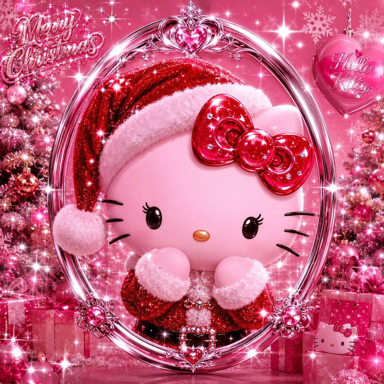 Y2K Christmas PFP of a Hello Kitty-style character with red bow, Santa hat and sparkle overlay