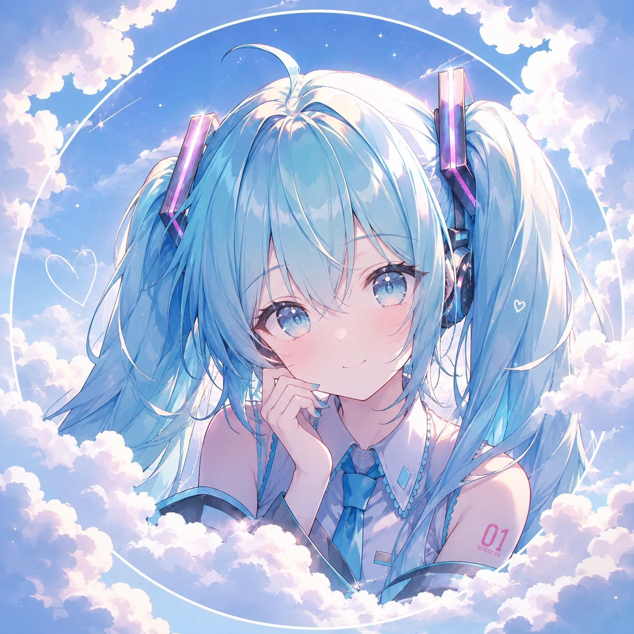 Miku aesthetic pfp framed by clouds with airy colors and bright anime glow