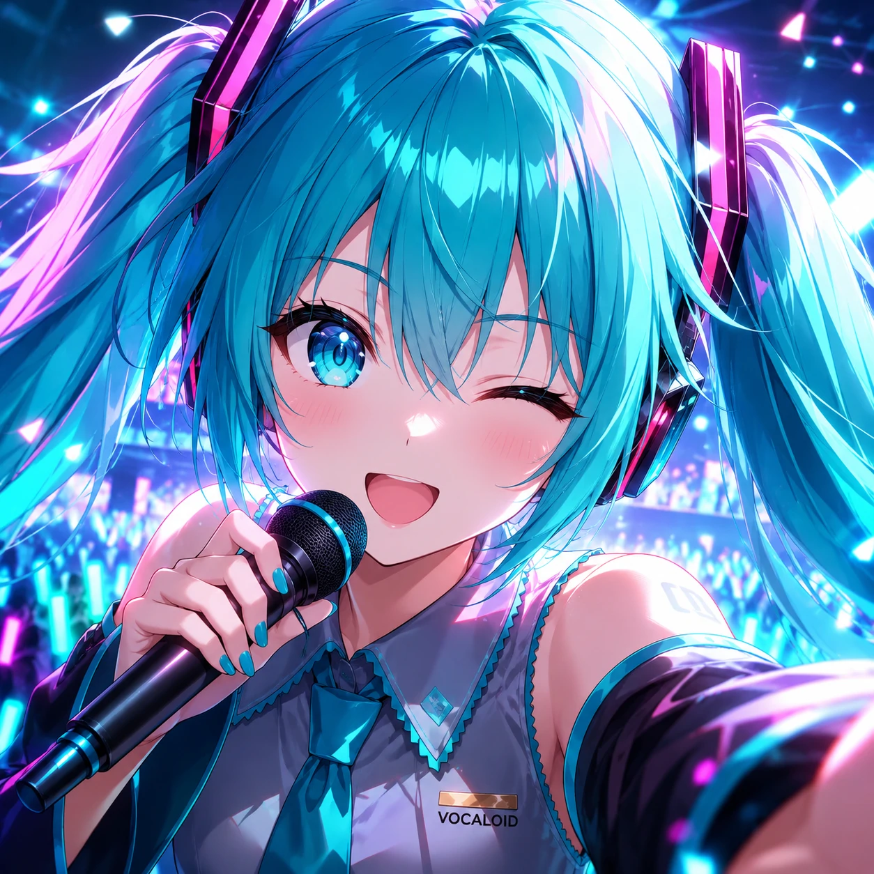 Miku 4k profile picture with concert glow, sharp face crop, and vivid anime colors