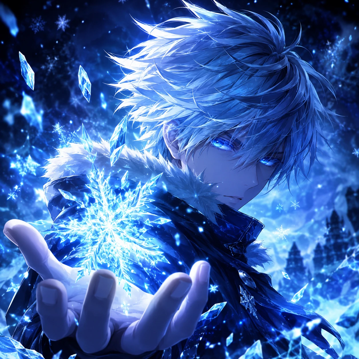 Cool anime boy icon with ice-blue power aura and frost effects