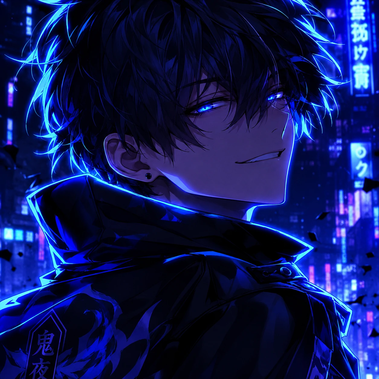 Cool anime boy PFP for Discord with confident smirk and neon edge lighting