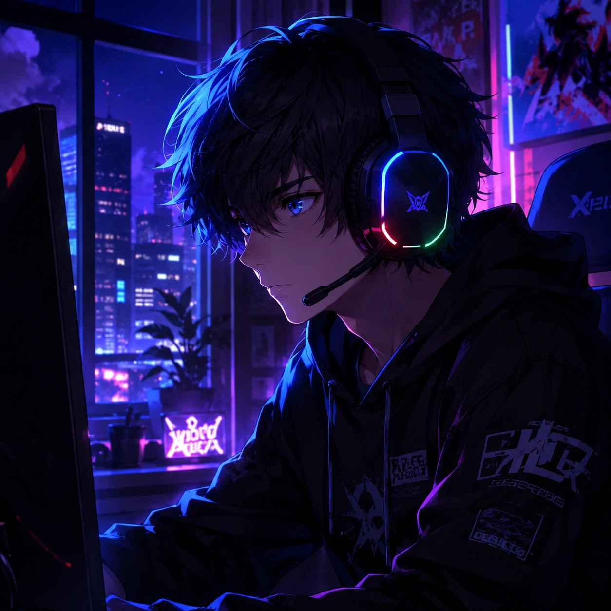 Cool anime boy PFP wearing a gaming headset with RGB glow