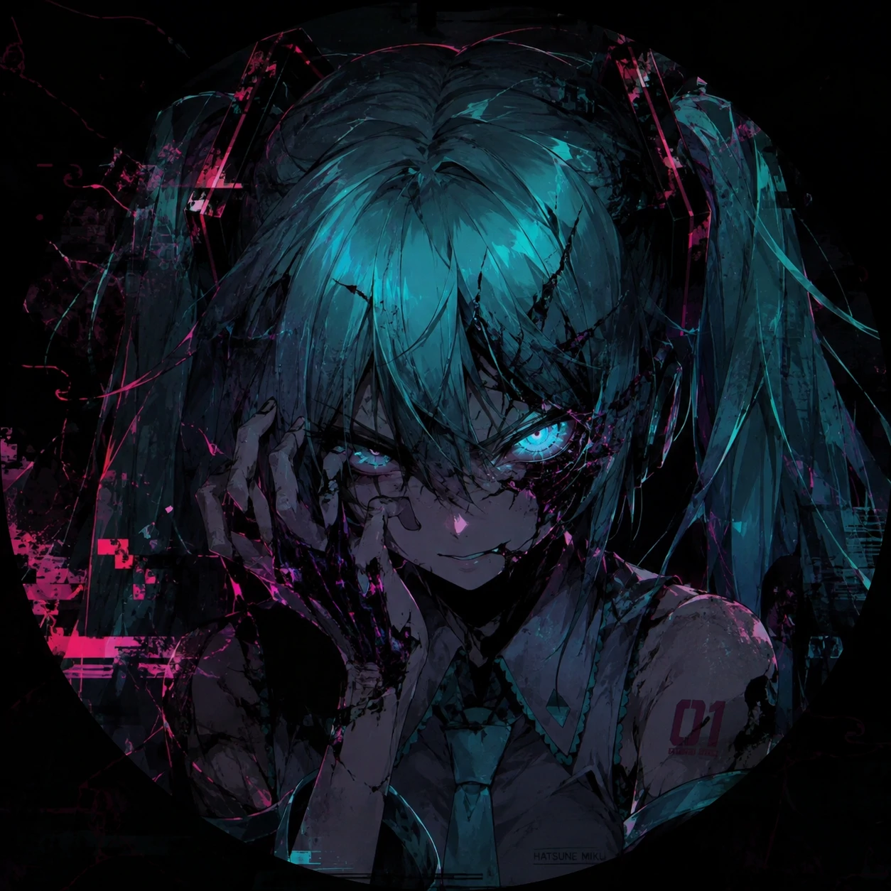 Corrupted Miku dark pfp with broken glow effects and fierce anime expression