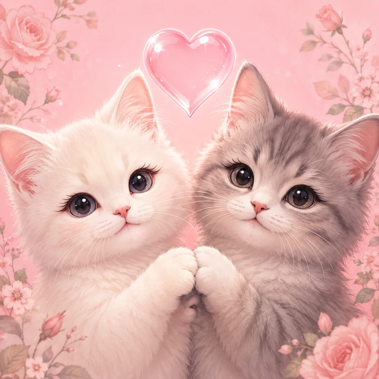 Romantic matching cat pfp with two kittens holding paws under pink heart for duo profiles
