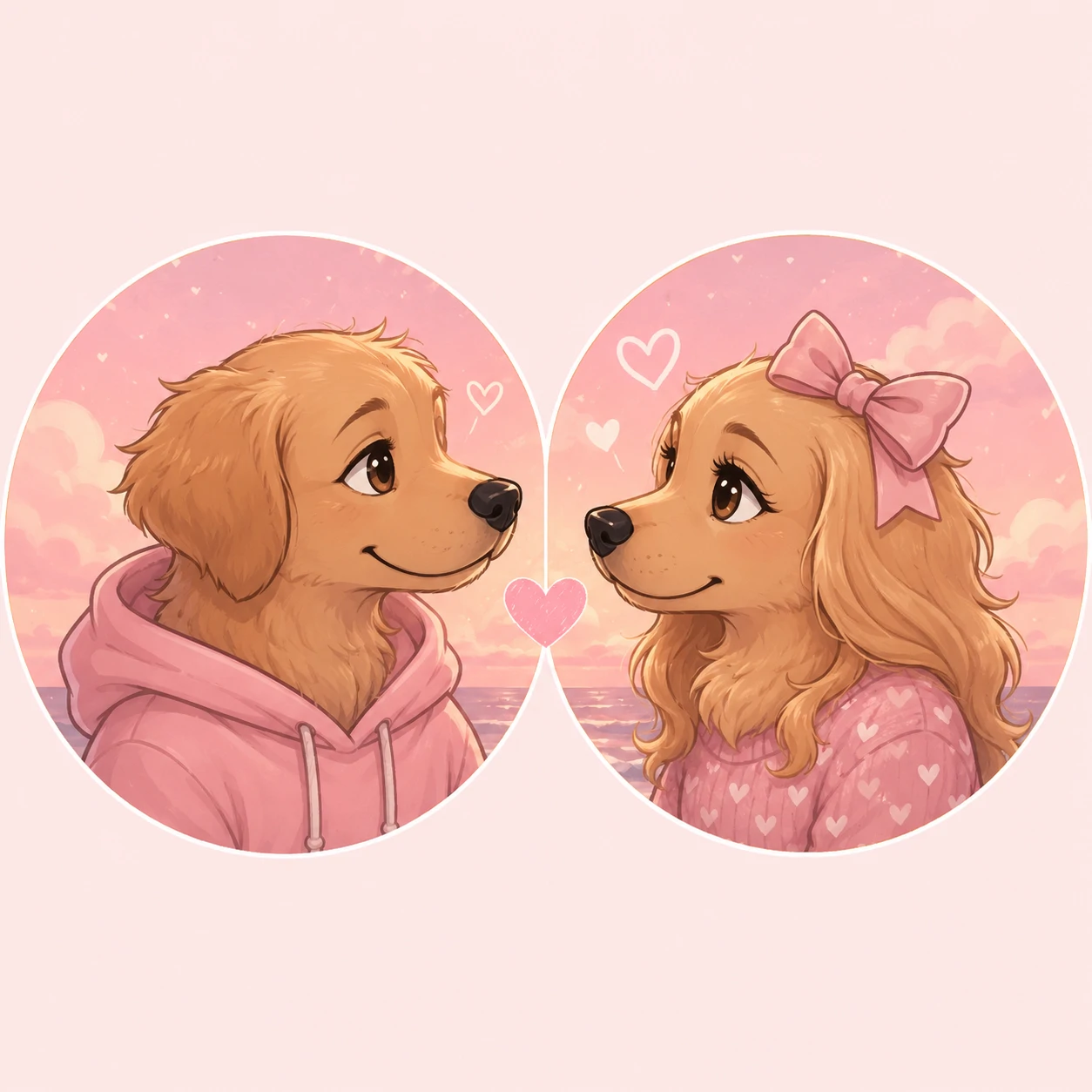 Couple matching dog avatars with romantic soft palette