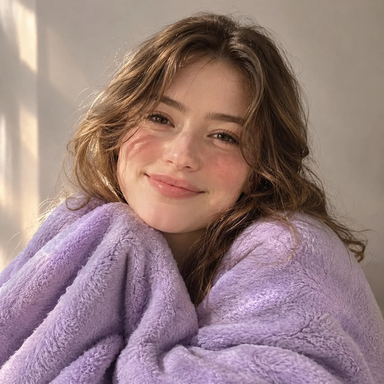 Cozy preppy pfp with lavender blanket and window light for calm seasonal online profiles