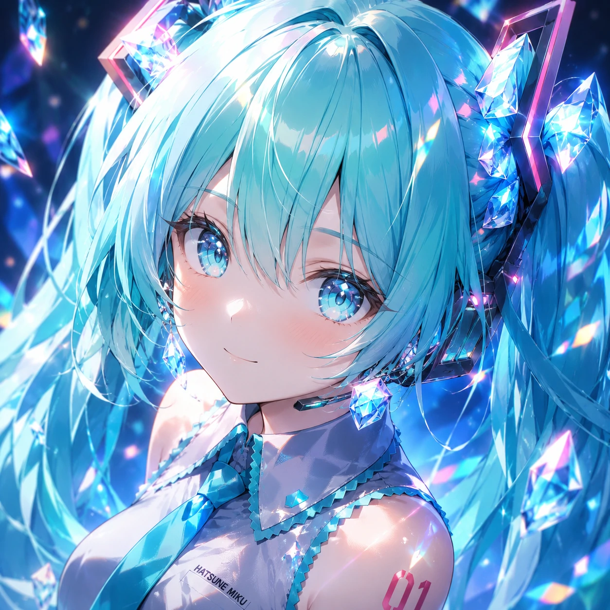 Hatsune Miku 4k avatar with crystal lighting, glossy eyes, and polished anime shading
