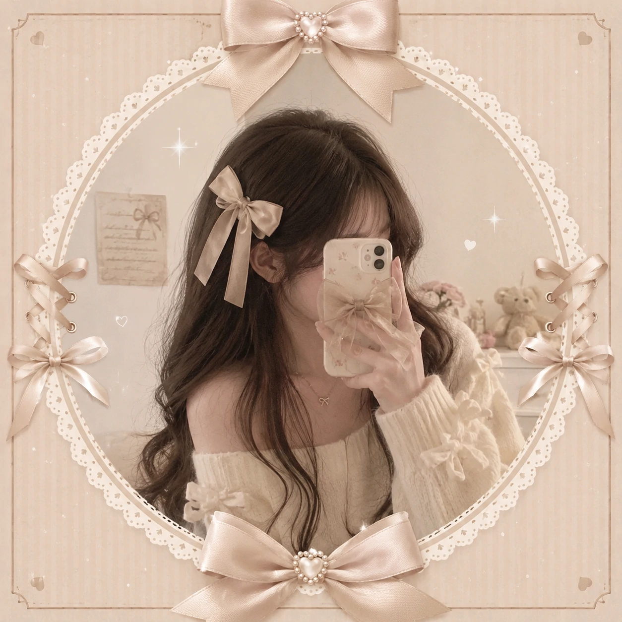 Cute aesthetic pfp with beige coquette frame, ribbons, and soft blush