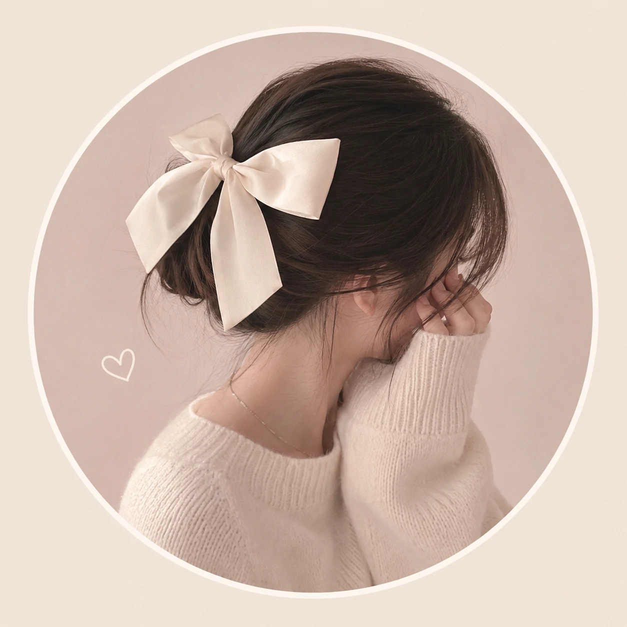 Minimal cute aesthetic pfp with cream bow, blush tones, and clean framing
