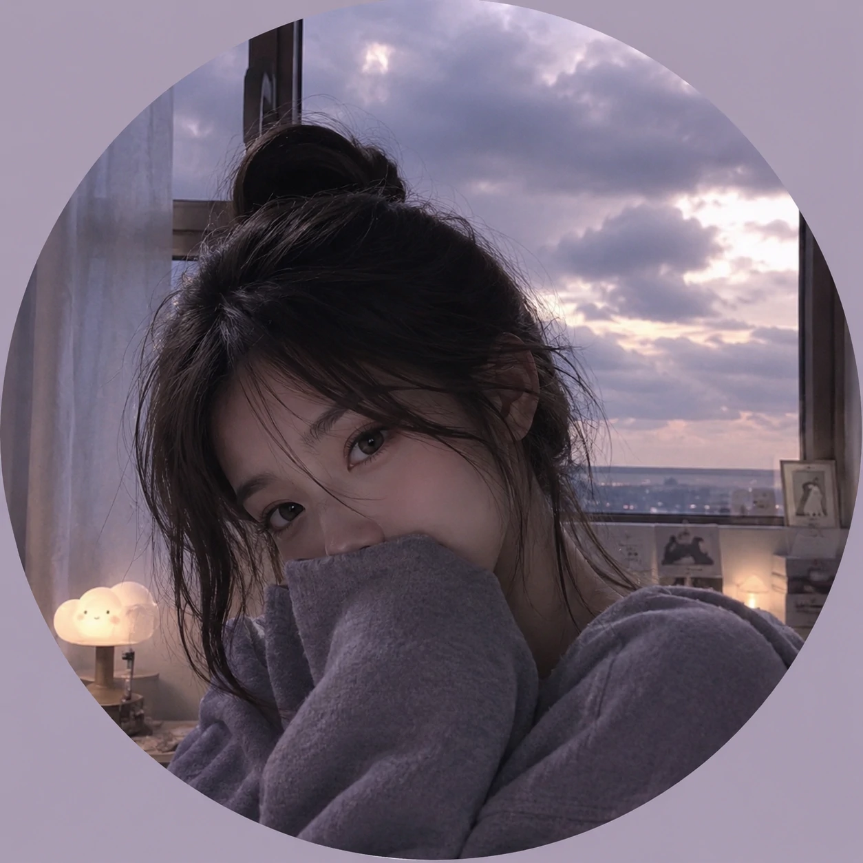 Cute aesthetic pfp with cloudy room glow, soft eyes, and muted colors