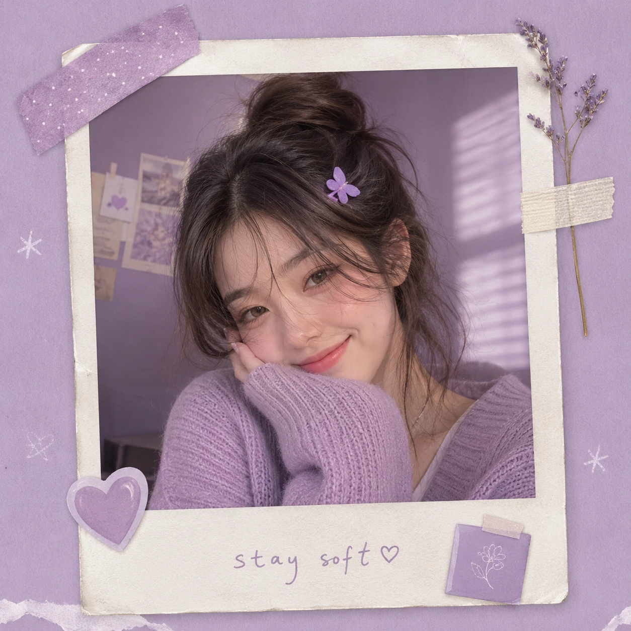 Cute aesthetic pfp in lavender tones with polaroid frame and soft smile
