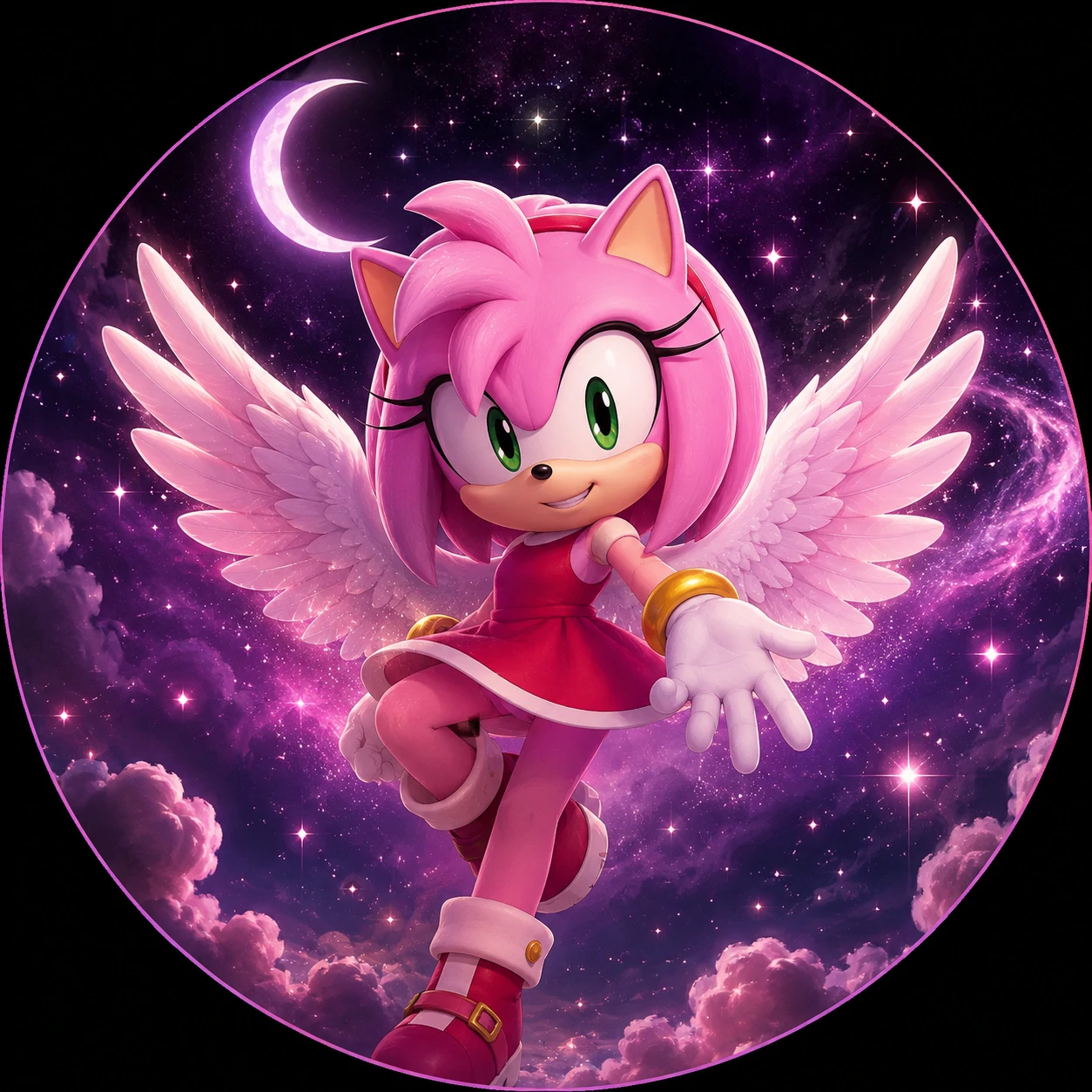 Cute Amy Rose PFP Pegasus galaxy scene icon.