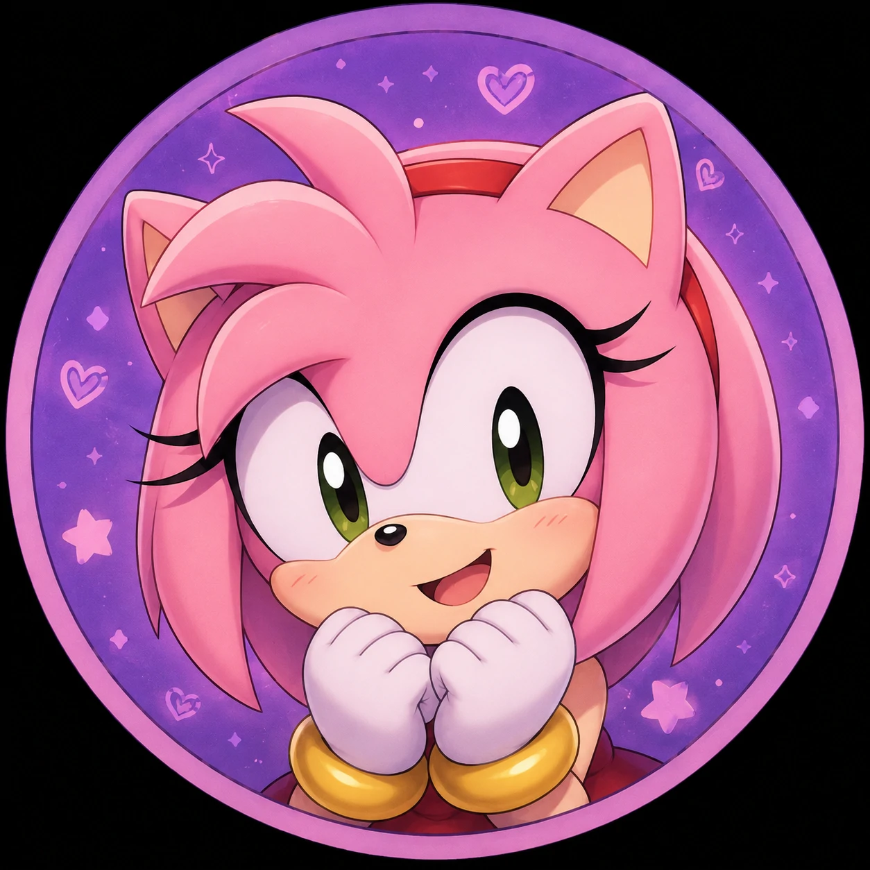 Cute round Amy Rose character PFP with purple shadow accents.