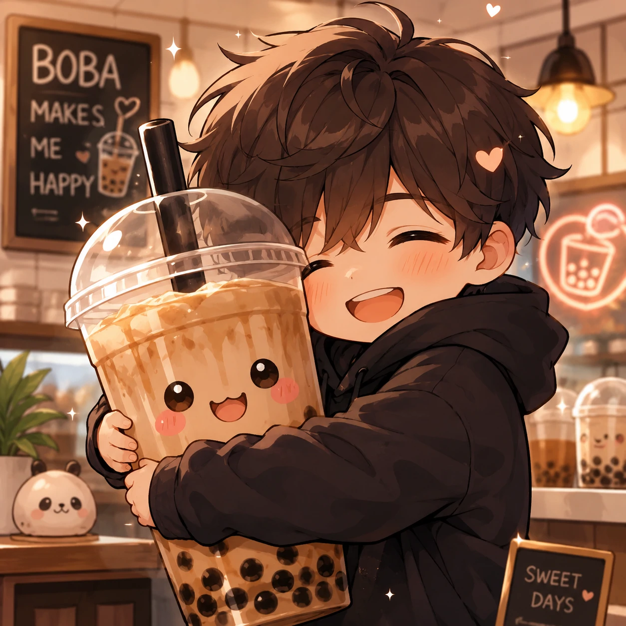 Happy cute anime boy icon hugging a large boba milk tea