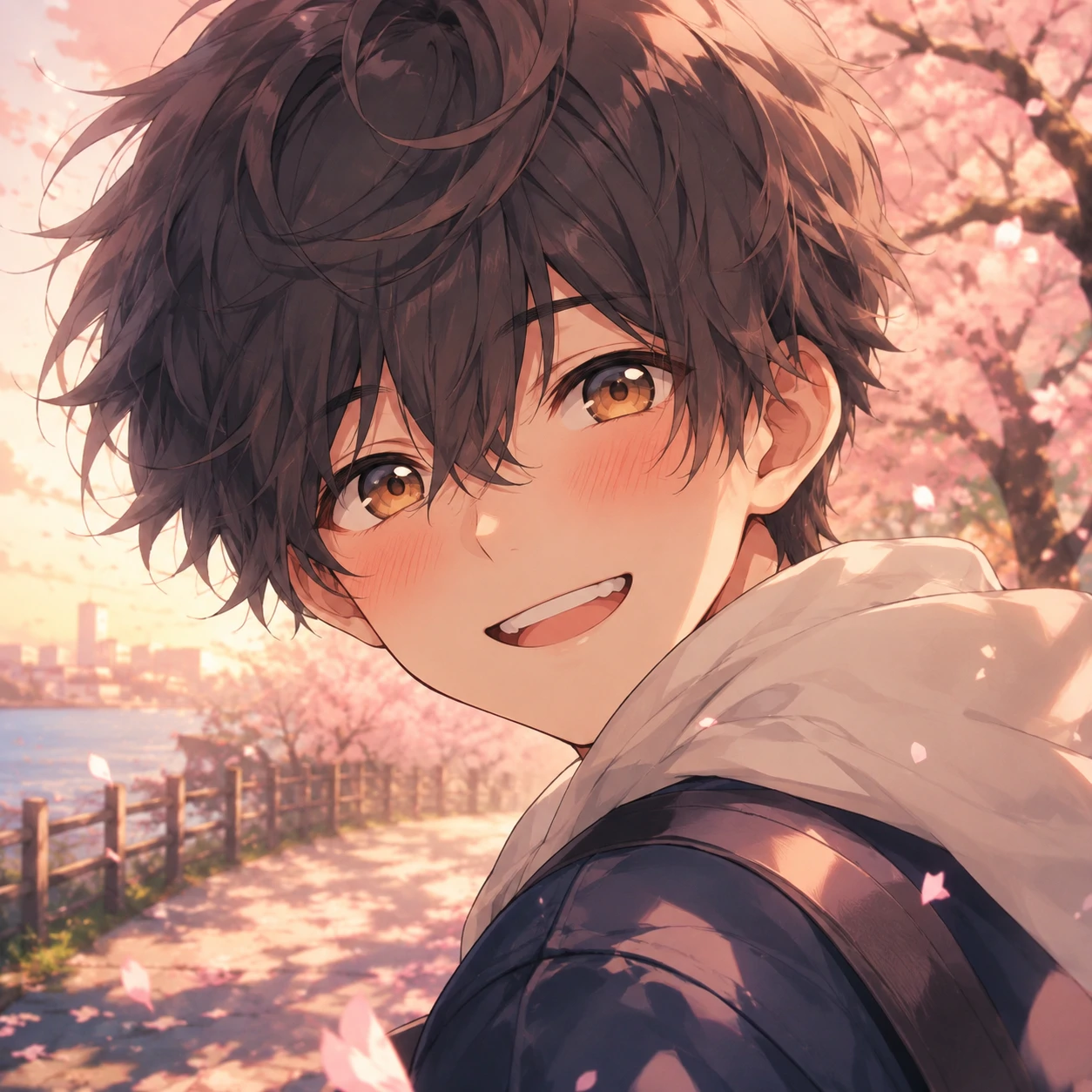 Cute anime boy PFP with blushing cheeks and a warm soft smile