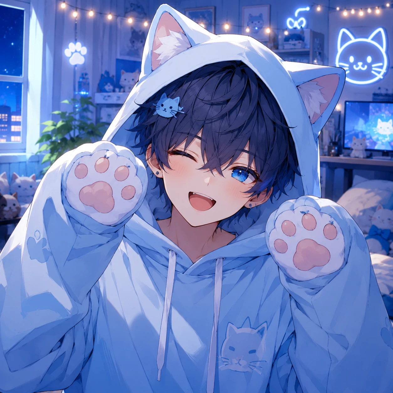 Cute anime boy PFP wearing a cat-ear hoodie with paw sleeves