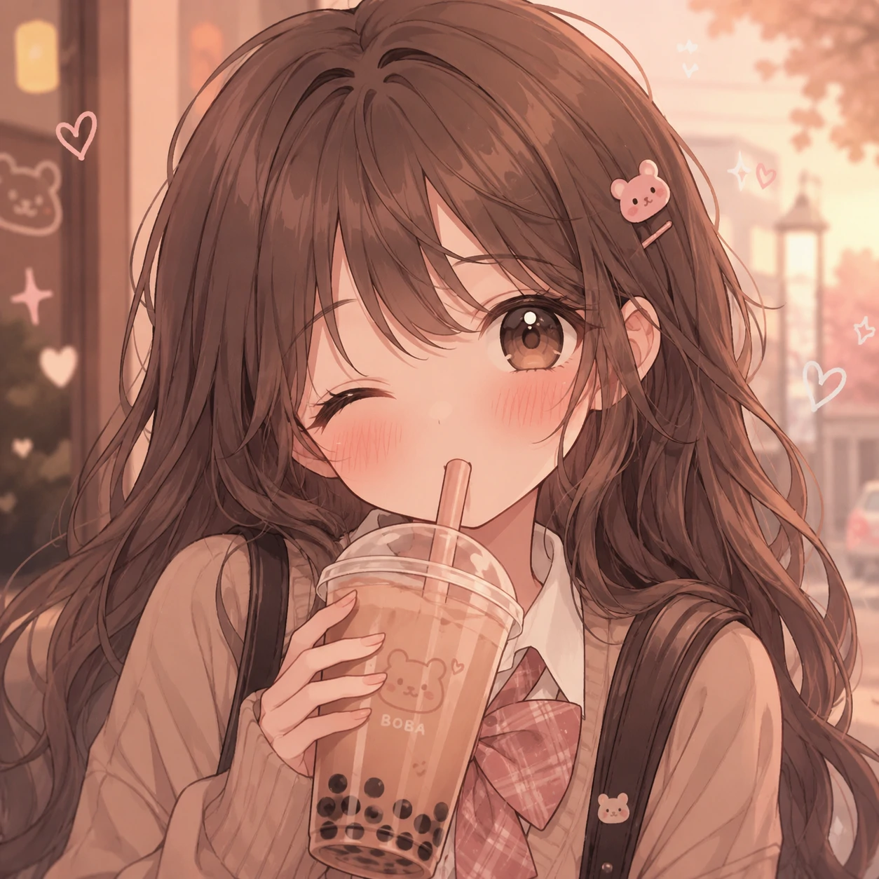 Cute anime girl pfp holding boba tea with a warm pastel background