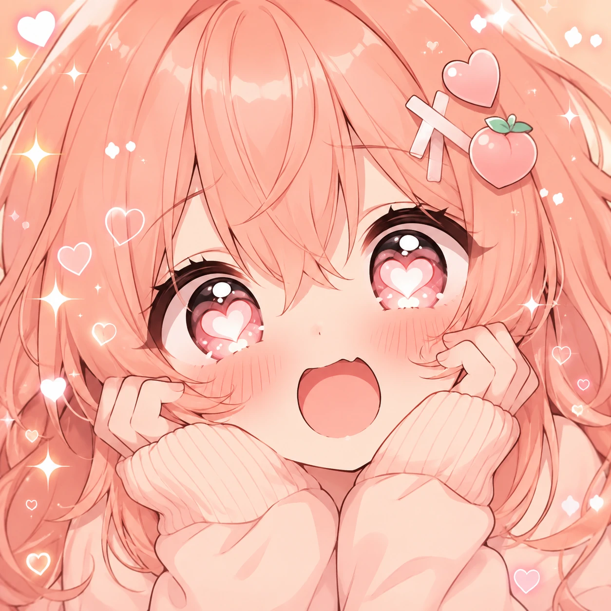 Cute anime pfp girl with peach hair, sparkles, and heart-shaped highlights