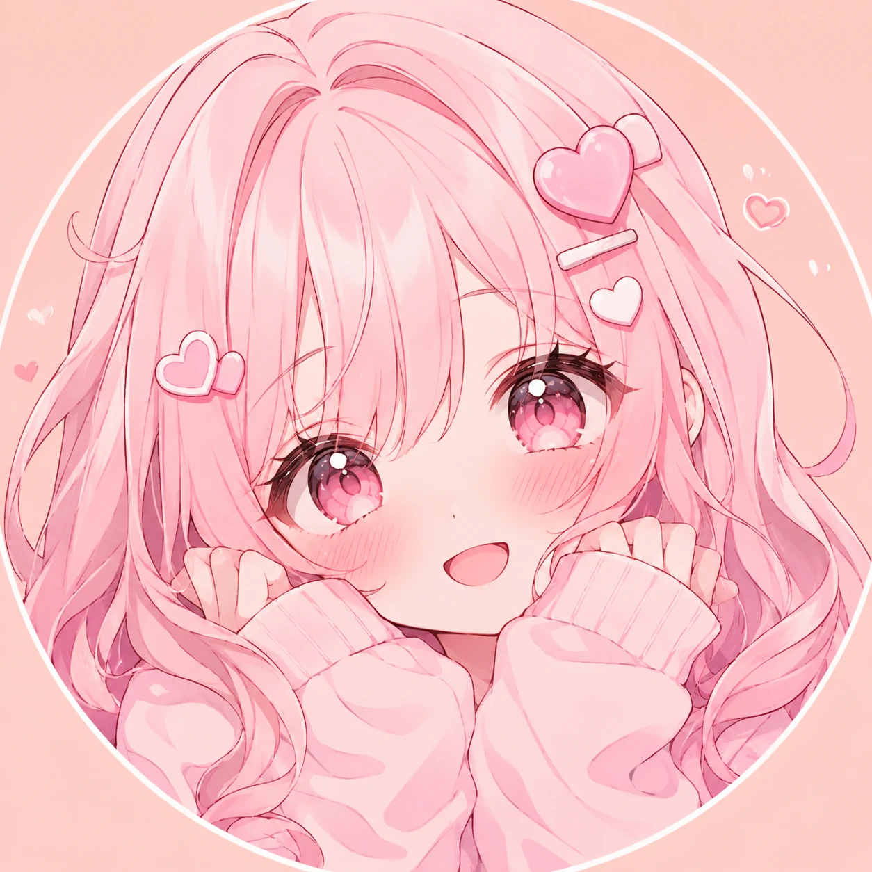 Cute anime pfp girl with pink hair, blush cheeks, and heart clips