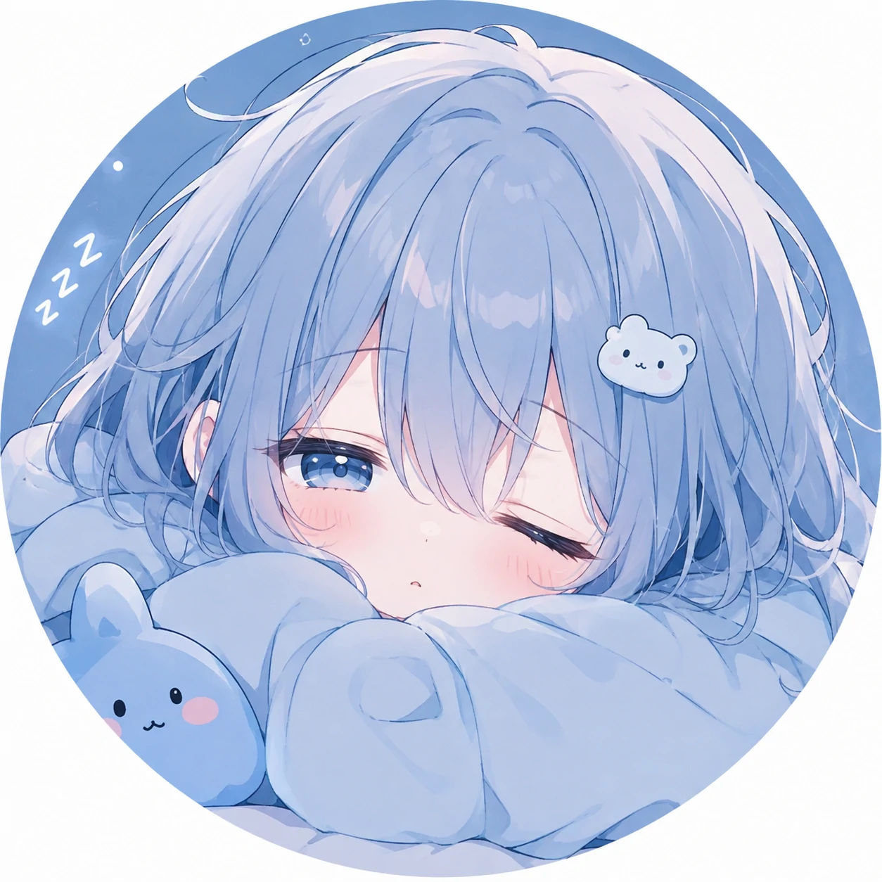 Cute anime pfp with blue hair, sleepy eyes, and a calm expression
