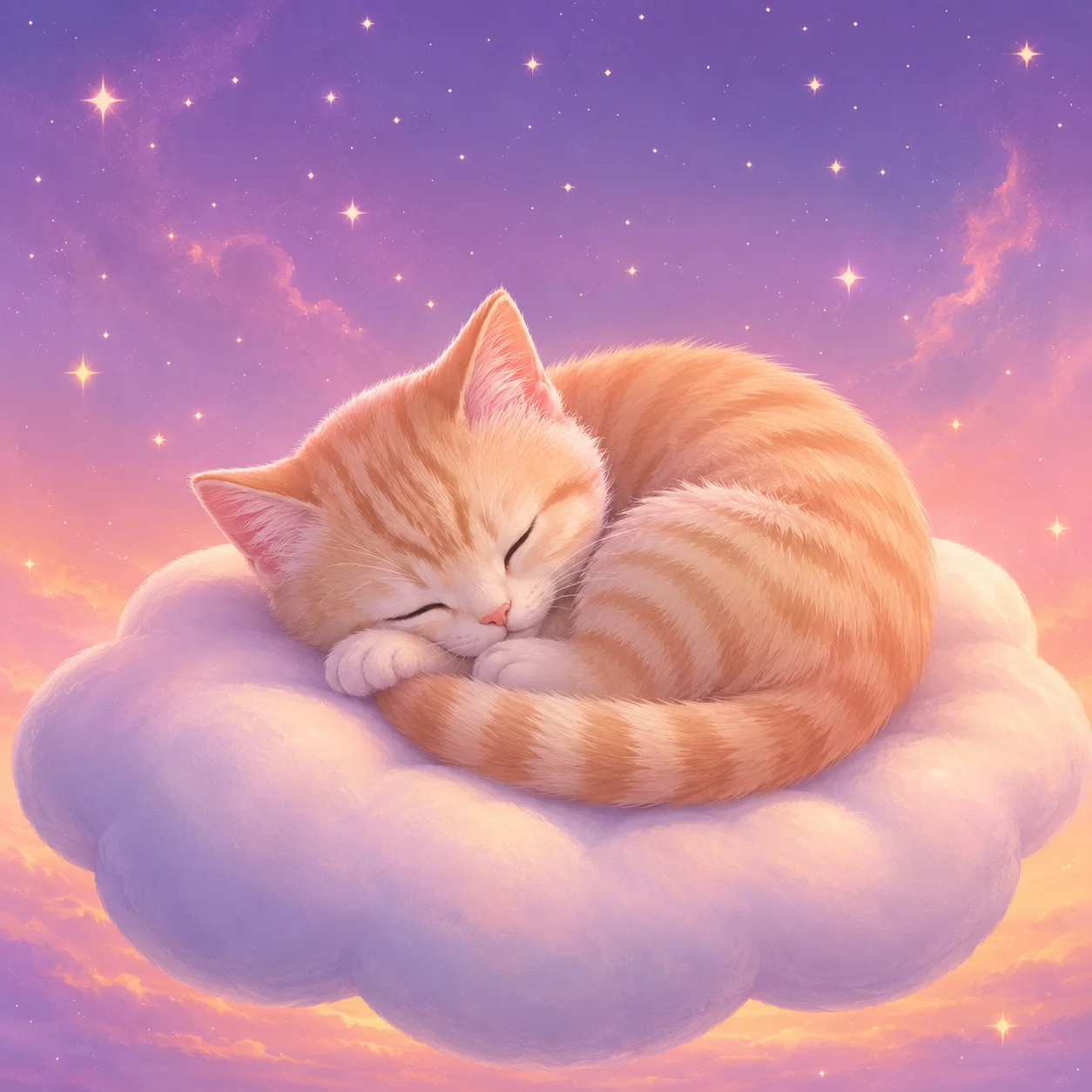 Cute sleeping kitten cat pfp on cloud pillow with starry pastel night sky background for kawaii profiles