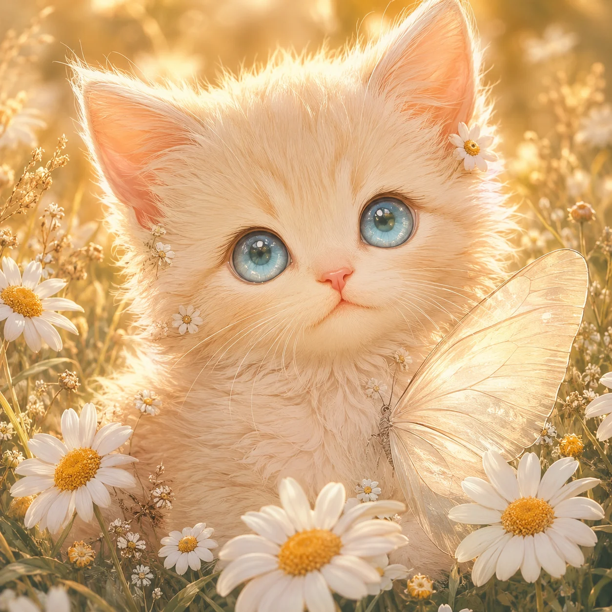 Cute baby-blue-eyed kitten cat pfp with butterfly and flower accents for cottagecore profile