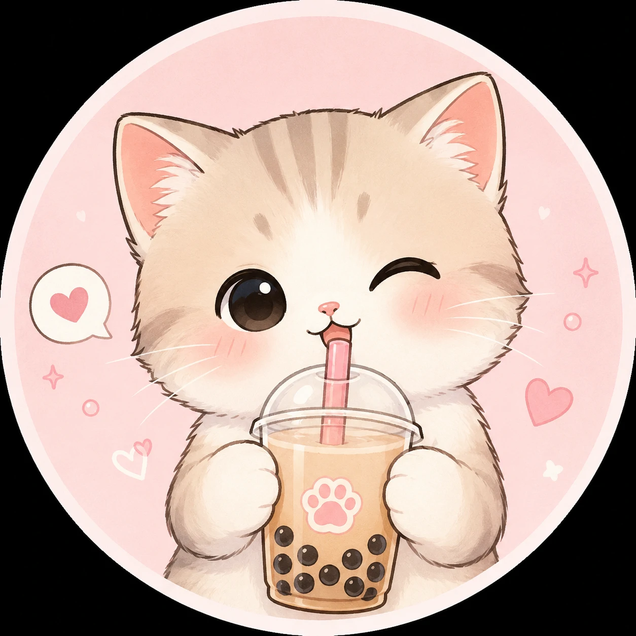 Cute cat pfp featuring kitten holding boba cup in pastel cartoon style