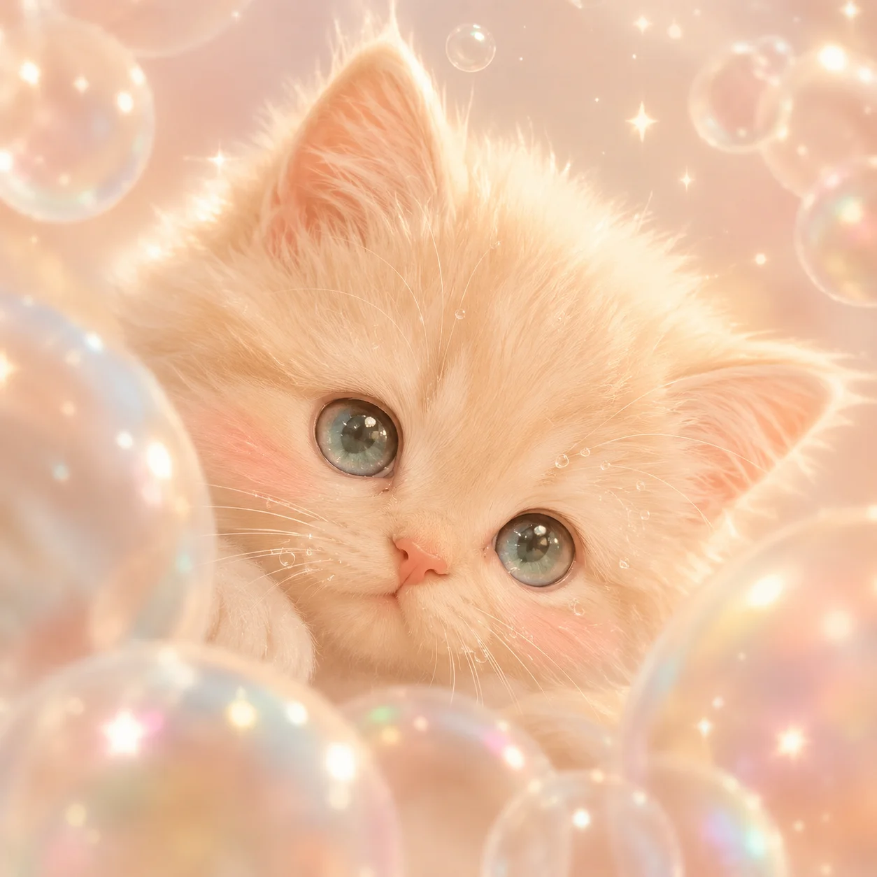 Cream-colored fluffy cat pfp peeking through dreamy bubble accents for soft aesthetic Instagram