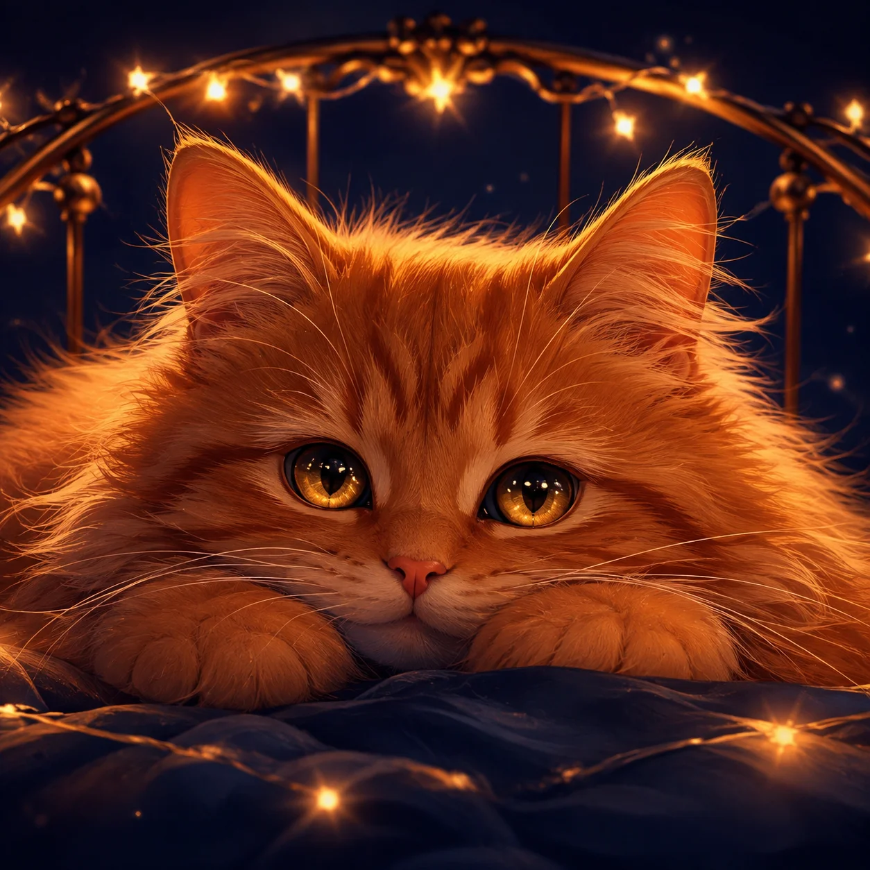 Fluffy orange cat pfp beneath fairy lights at twilight for magical Instagram profile