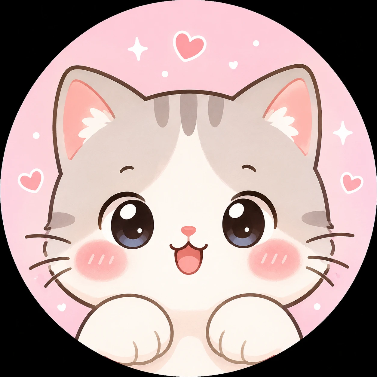 Cute cartoon cat pfp with pastel cheeks, whiskers, and rounded kawaii eyes