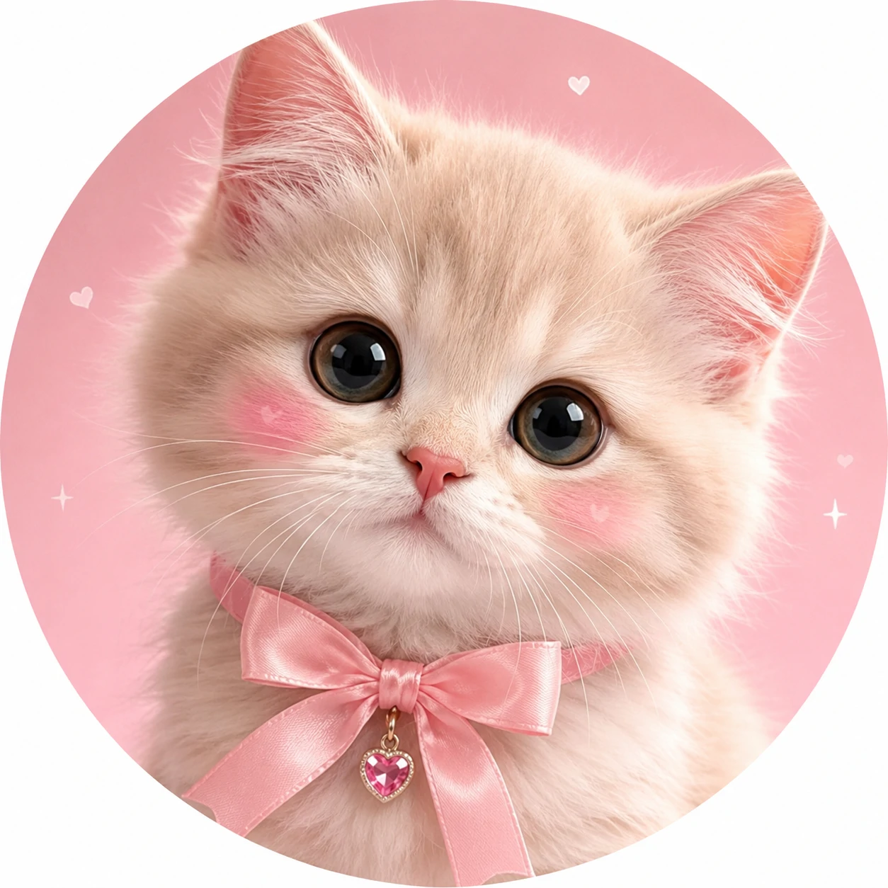 Cute kitten pfp with ribbon collar, bright eyes, and blush pink background