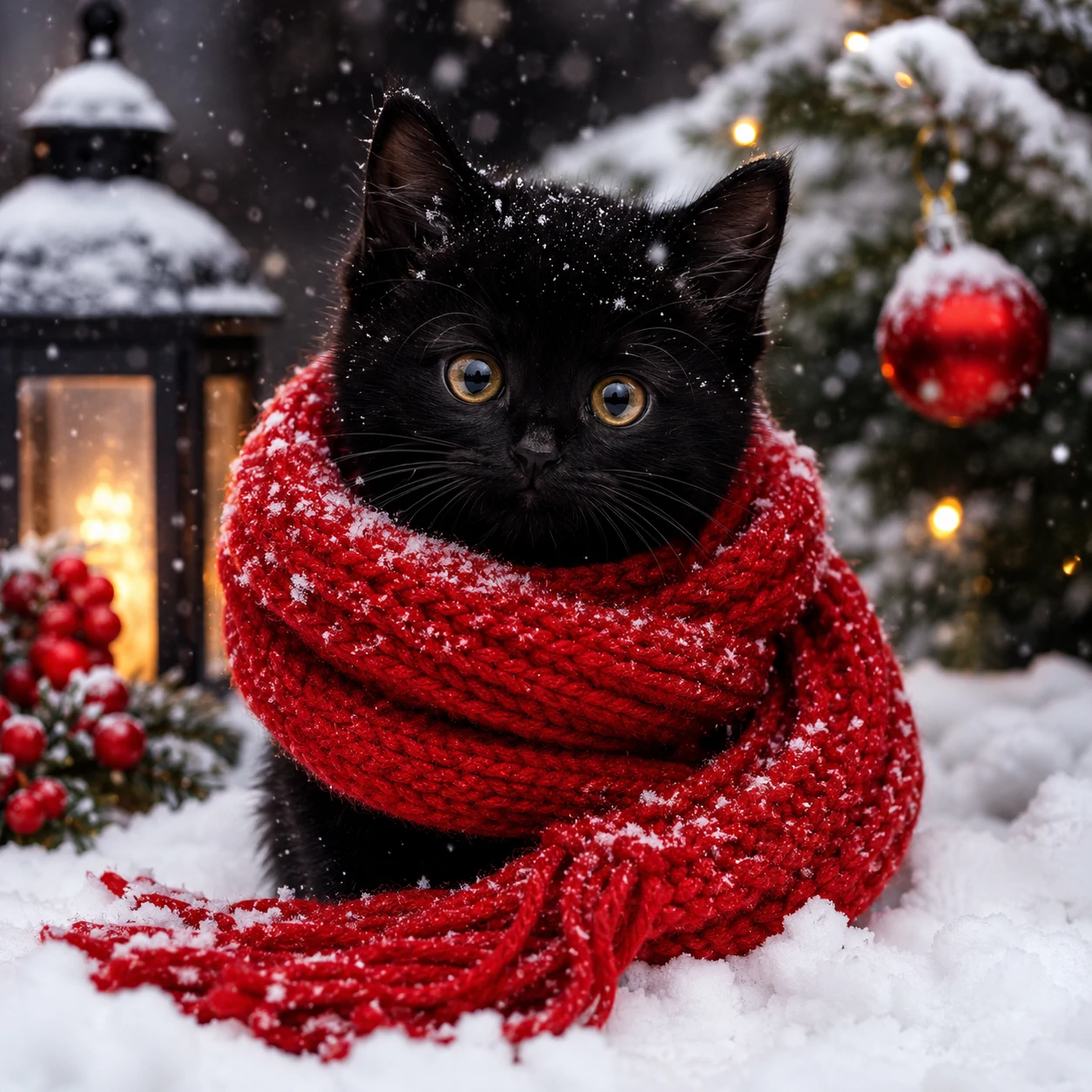 Cute Christmas cat PFP of a small black kitten wrapped in a red knit scarf sitting in soft snow