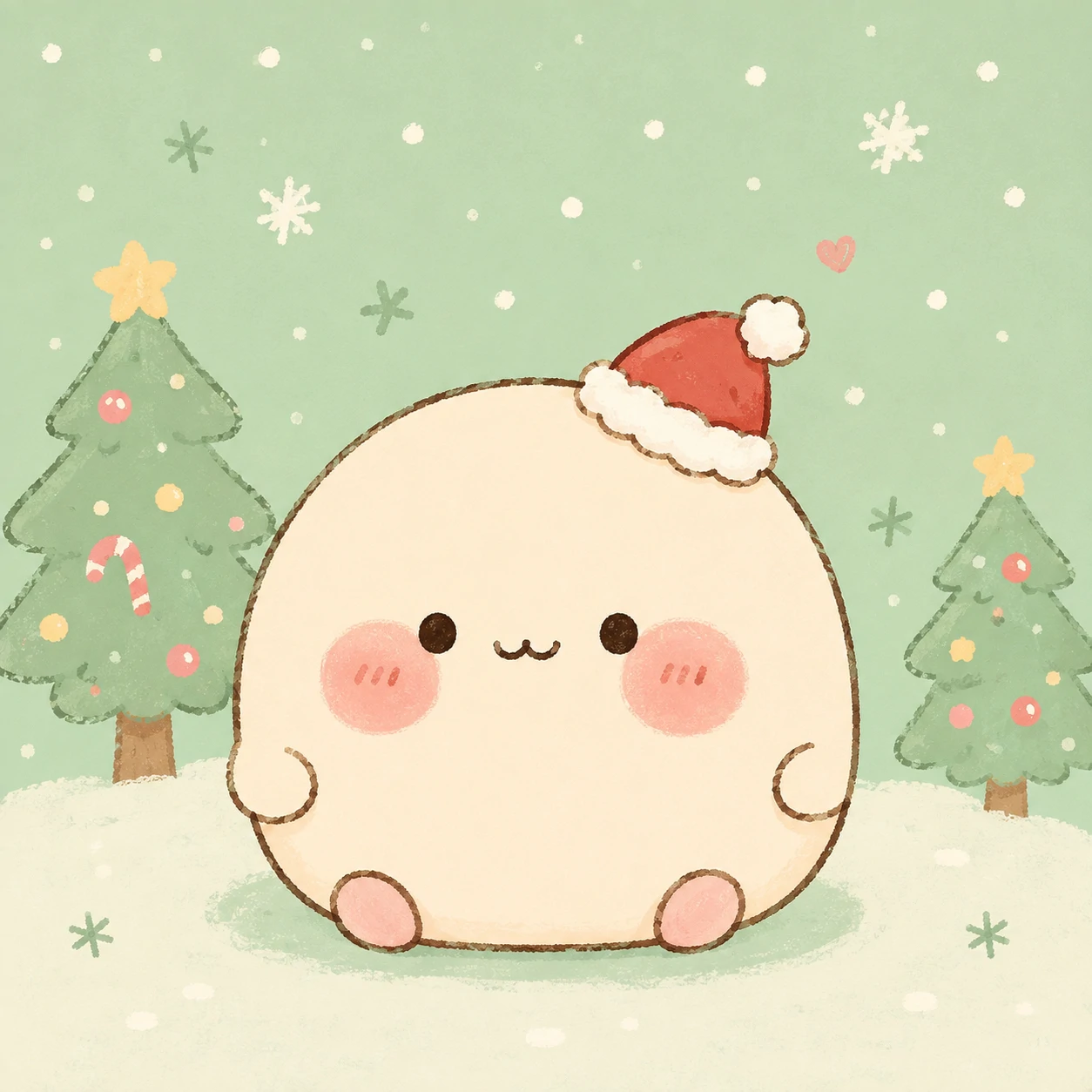 Cute Christmas PFP of a pastel doodle character wearing a tiny Santa hat with pink cheeks