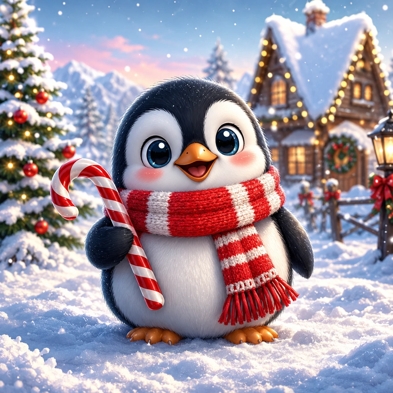 Cute Christmas profile picture of a tiny cartoon penguin in a red striped scarf holding a candy cane
